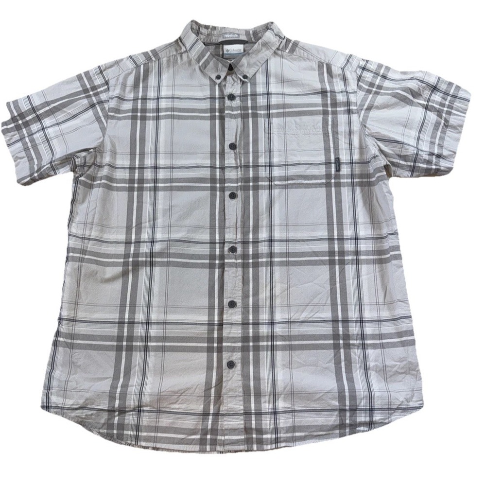 Columbia Regular Fit Plaid Short Sleeve Button Up Shirt Mens XL Gray